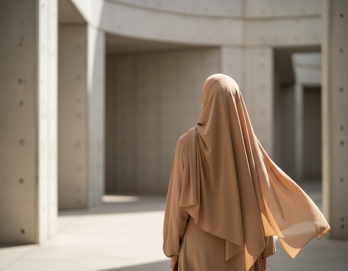 Woman wearing a hijab walking through a warm sunlit street