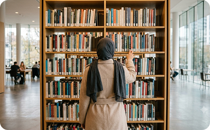 Woman wearing a hijab browsing books in a library