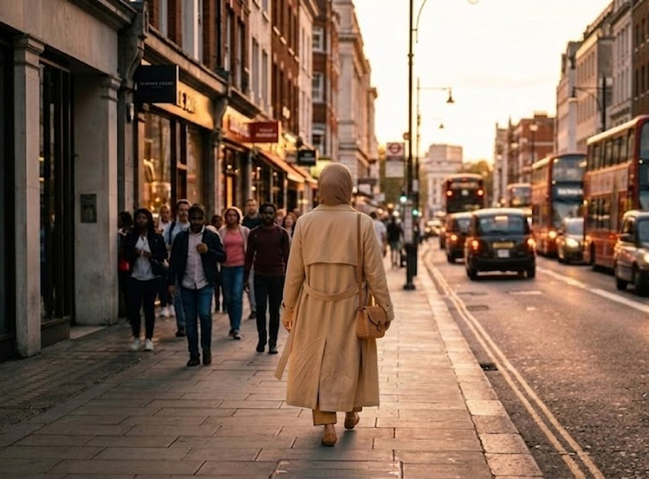 Woman wearing a hijab walking through a warm sunlit street