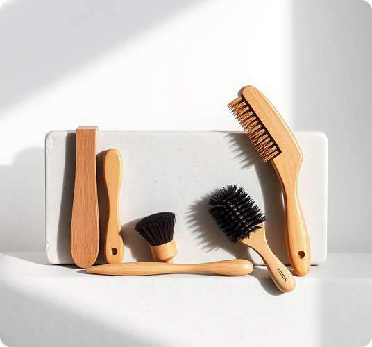 HijaBrush hair-care tools arranged on a light stone surface
